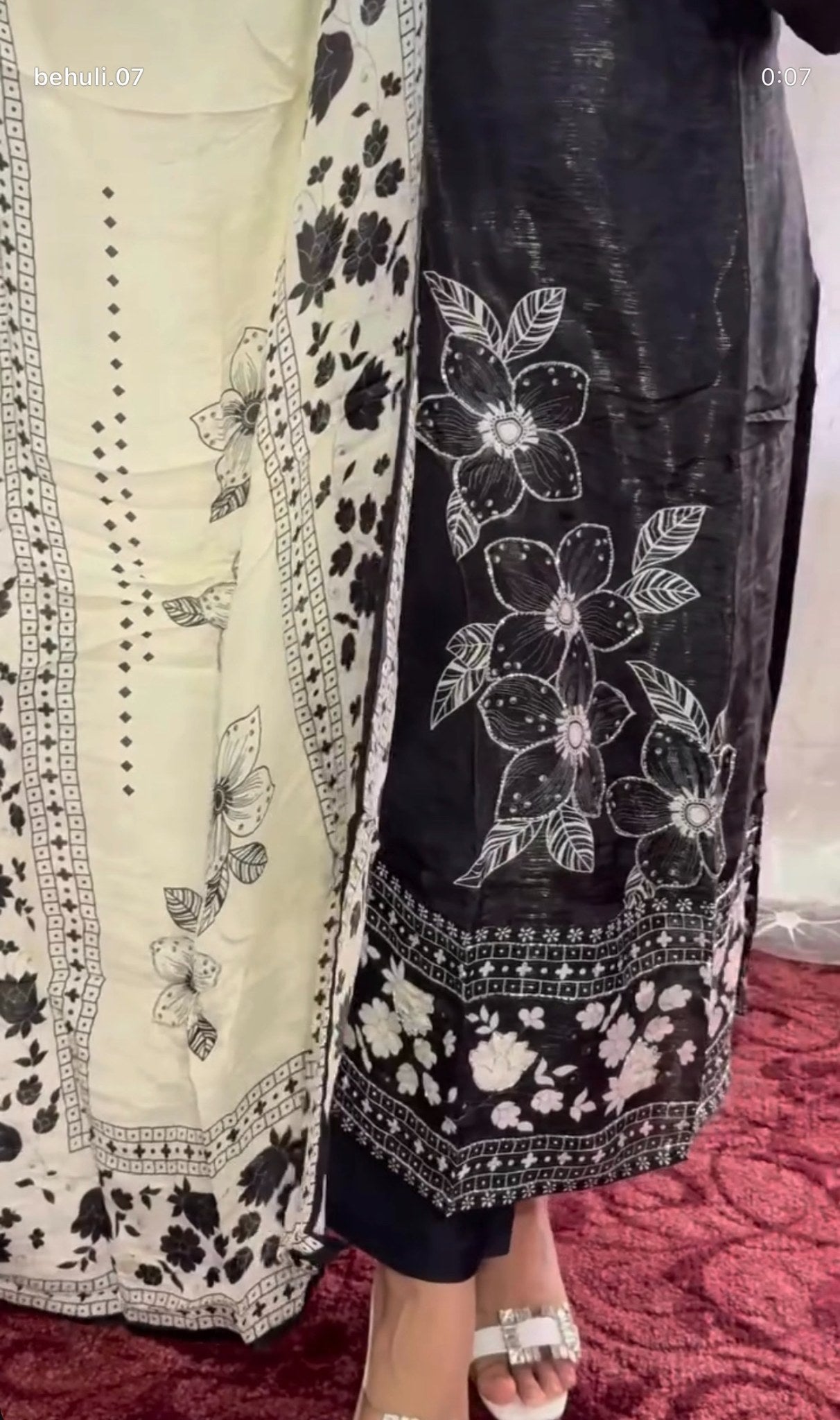 Black cotton kurti set with white floral block print, embellished V-neckline and ivory printed dupatta — Behuli Australia — view 2
