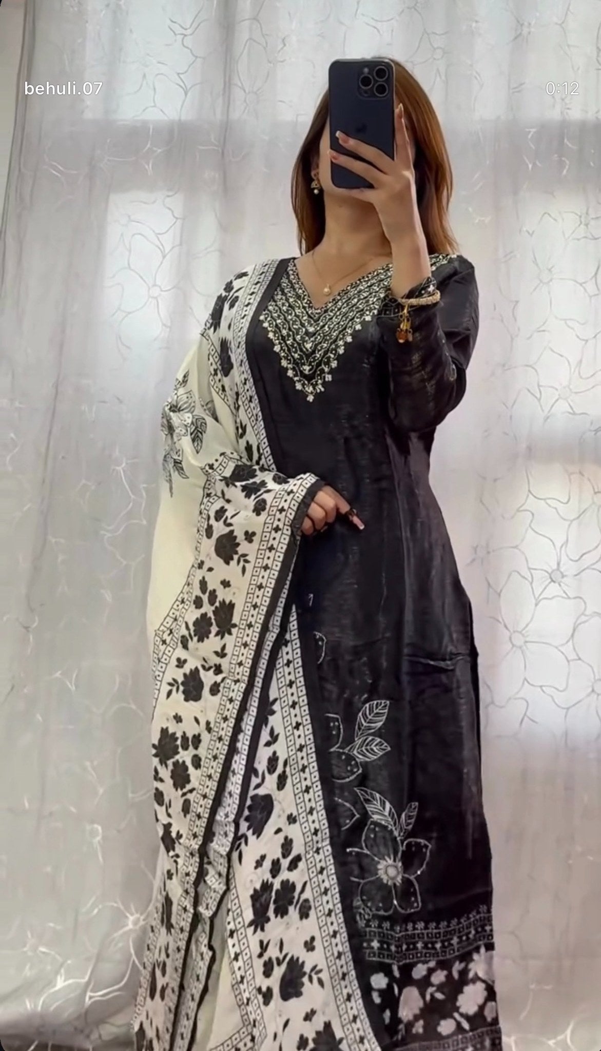 Black cotton kurti set with white floral block print, embellished V-neckline and ivory printed dupatta — Behuli Australia — view 4