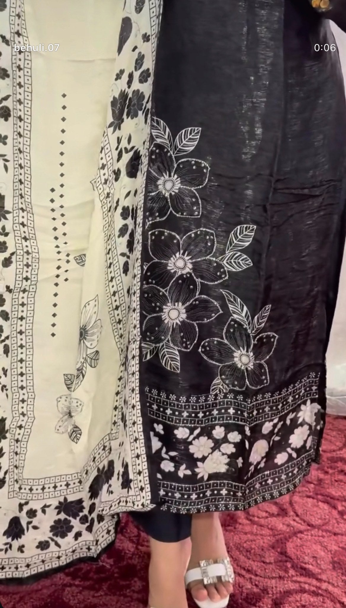 Black cotton kurti set with white floral block print, embellished V-neckline and ivory printed dupatta — Behuli Australia — view 3