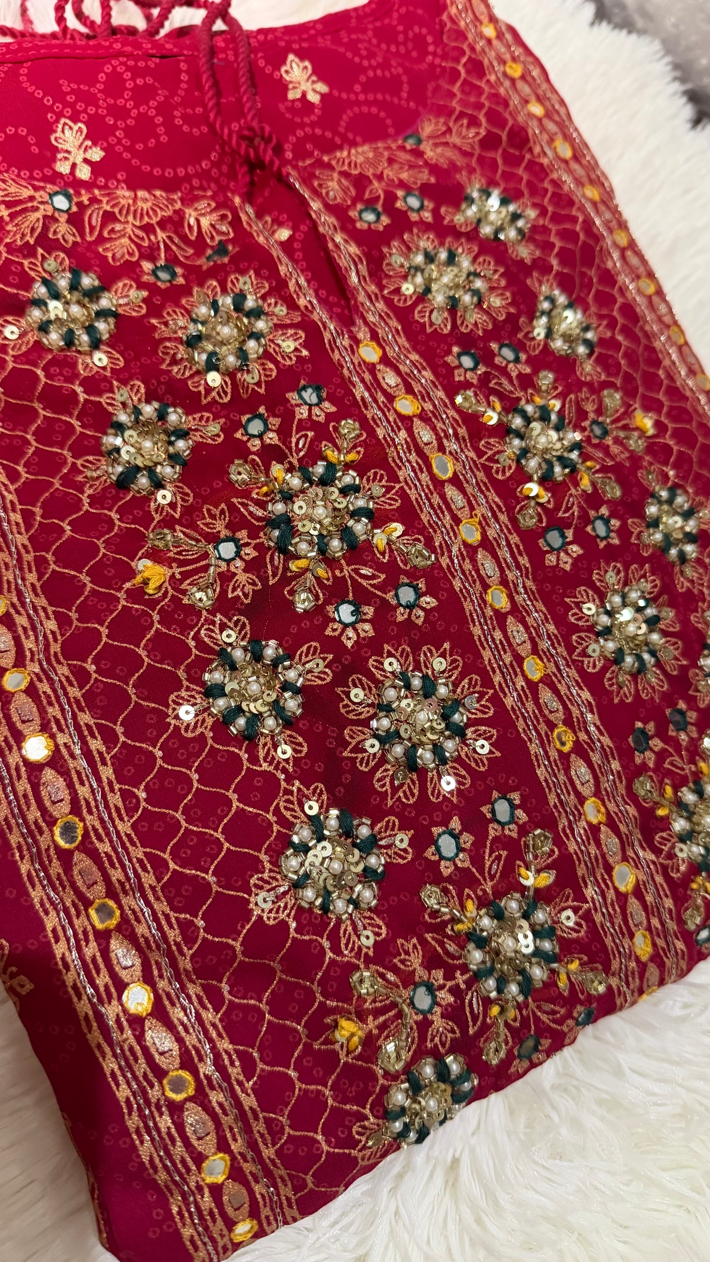 Crimson georgette palazzo suit set with gold zari and sequin embroidery, matching organza dupatta — Behuli Australia — view 3