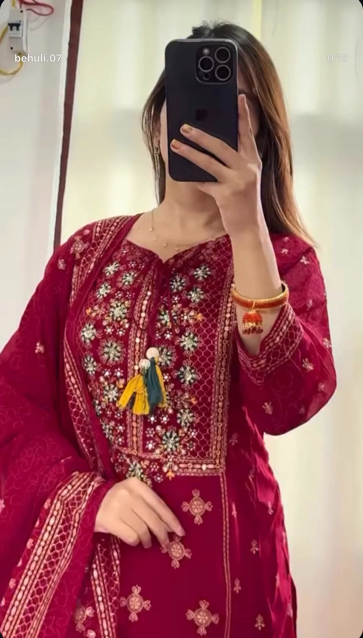 Crimson georgette palazzo suit set with gold zari and sequin embroidery, matching organza dupatta — Behuli Australia — view 2