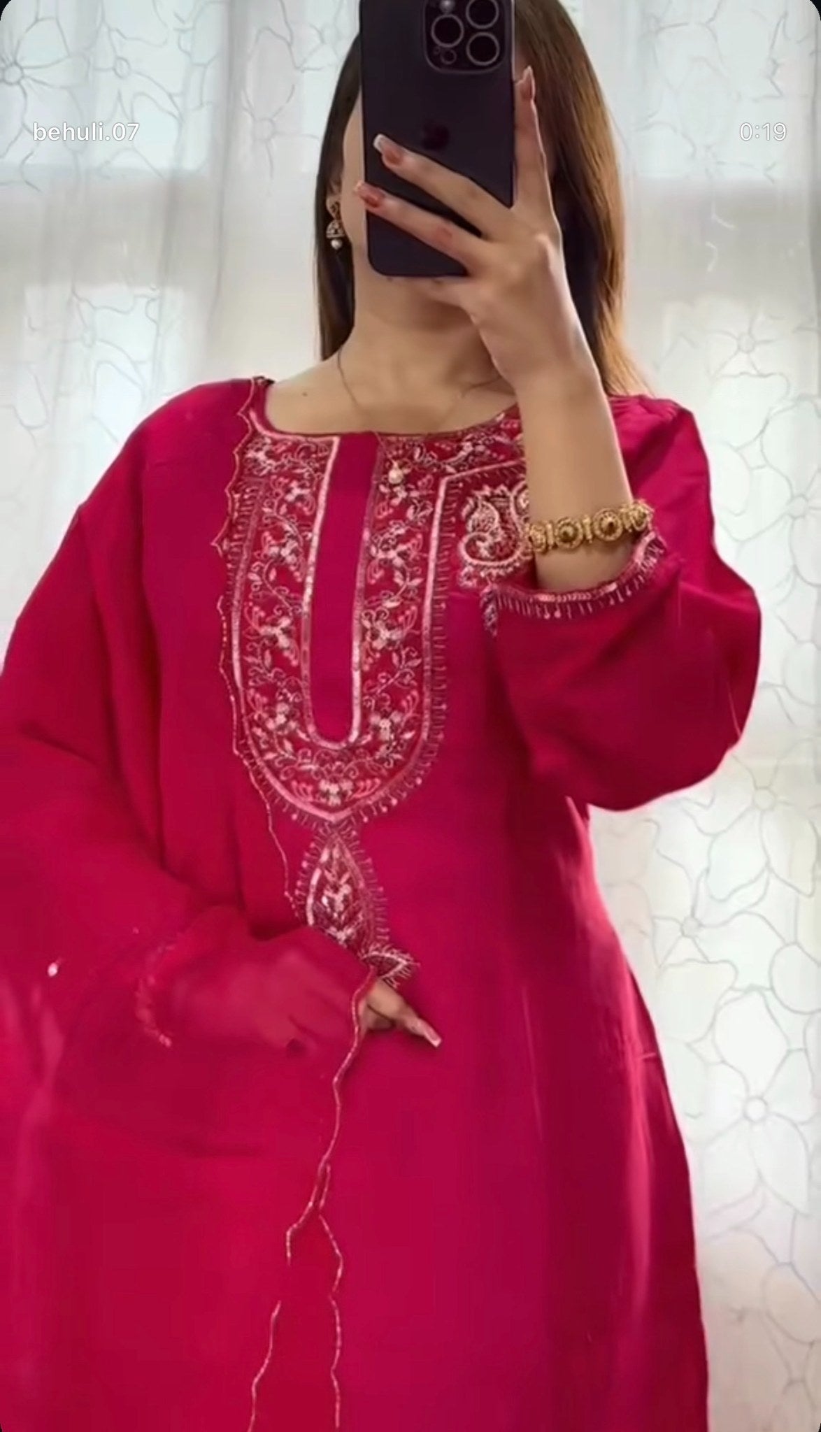 Fuchsia georgette kurti set with gold zari and sequin embroidery at neckline, matching pants and sheer dupatta — Behuli — view 2