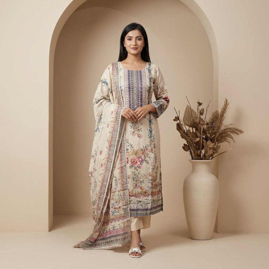 Ivory cotton kurti set with multicolour watercolour floral print, decorative border trim and matching printed dupatta —