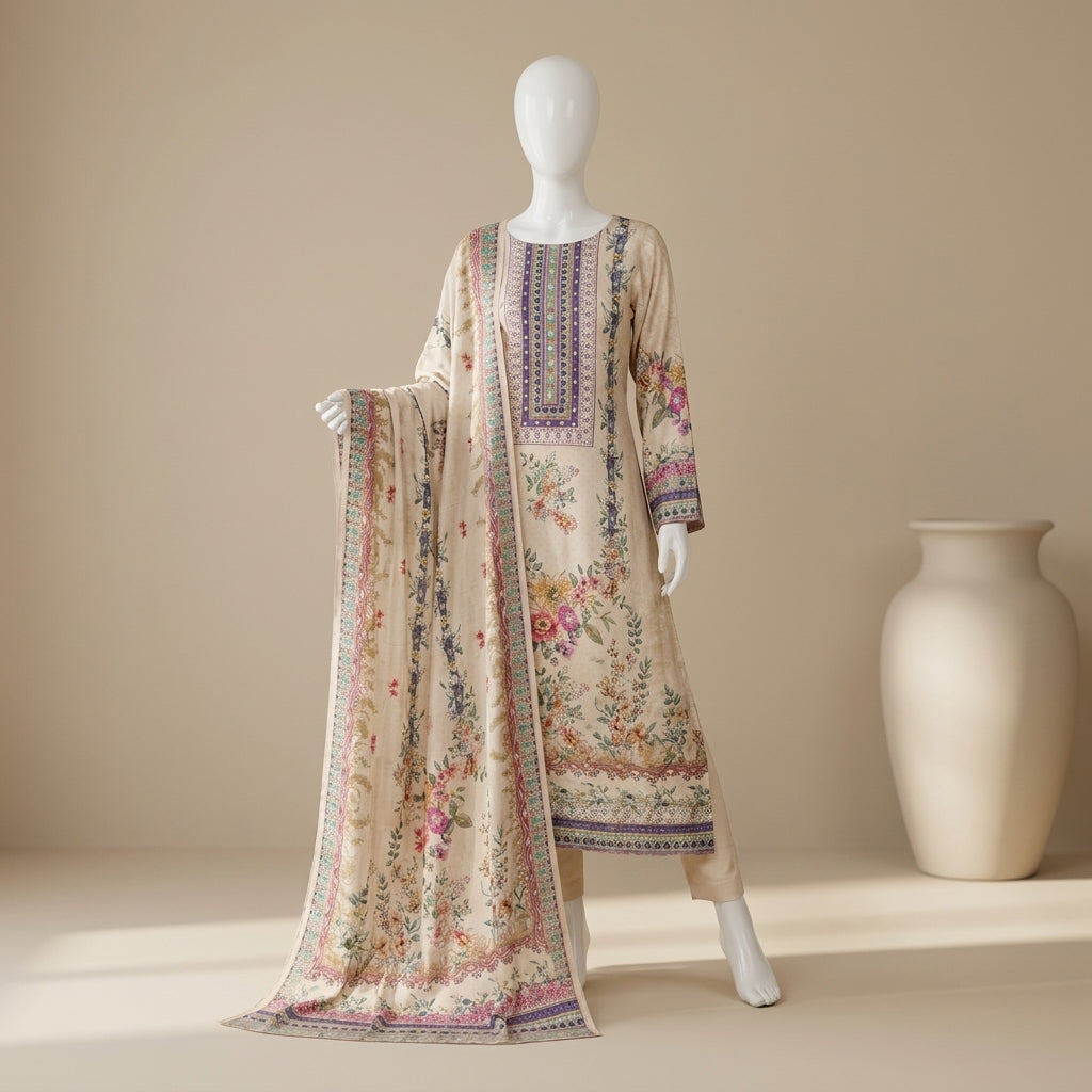 Ivory cotton kurti set with multicolour watercolour floral print, decorative border trim and matching printed dupatta — — view 2