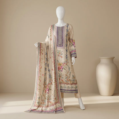 Ivory cotton kurti set with multicolour watercolour floral print, decorative border trim and matching printed dupatta — — view 2