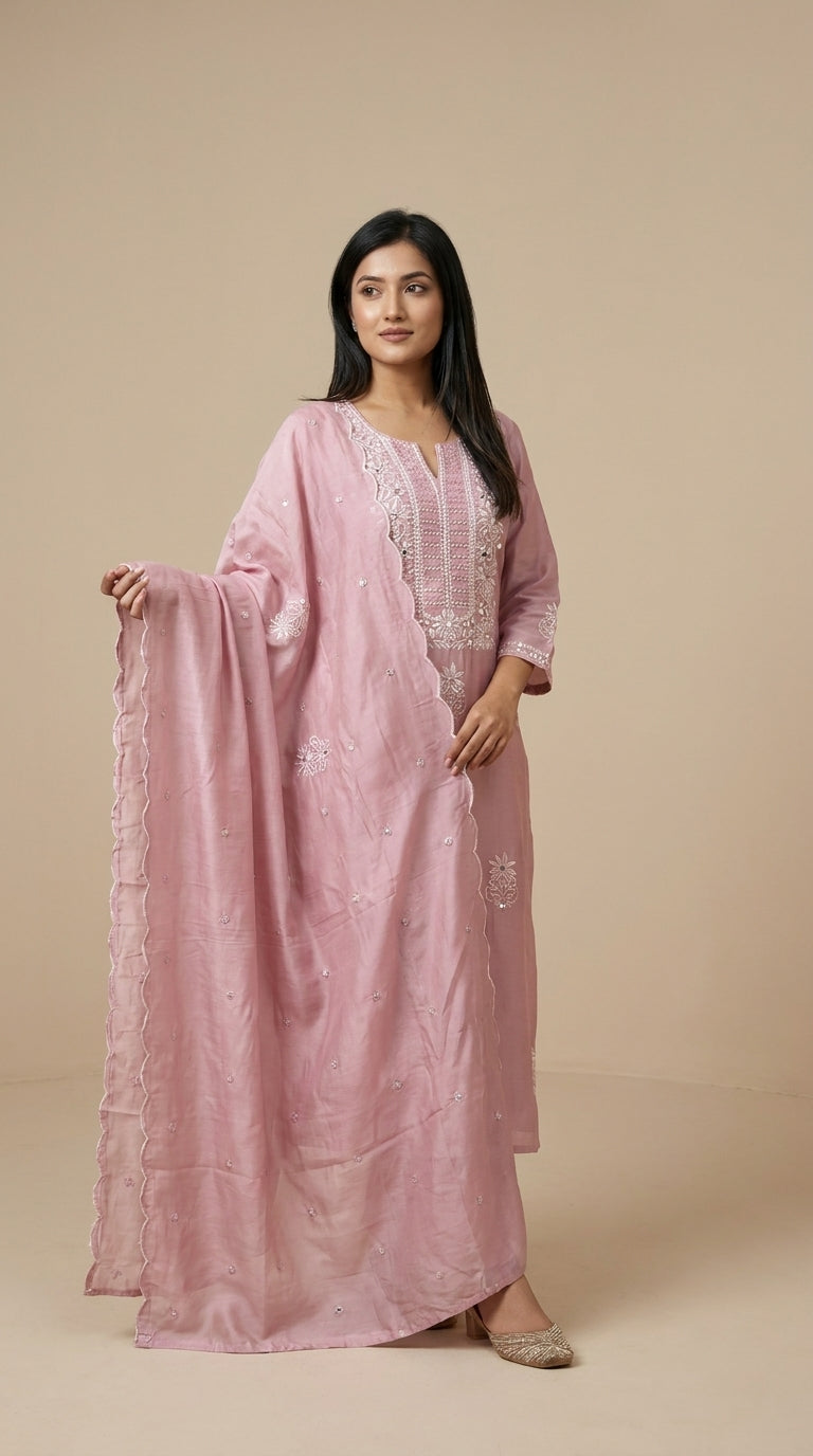 Dusty pink cotton kurti set with ivory chikankari embroidery, matching palazzo pants and scalloped dupatta — Behuli Australia — view 2