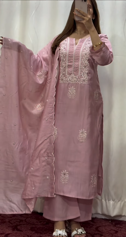 Dusty pink cotton kurti set with ivory chikankari embroidery, matching palazzo pants and scalloped dupatta — Behuli Australia — view 4