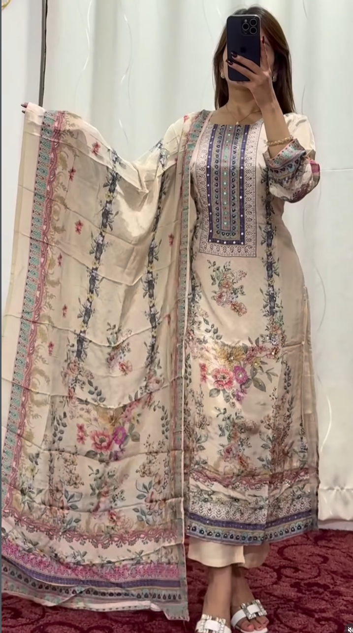 Ivory cotton kurti set with multicolour watercolour floral print, decorative border trim and matching printed dupatta — — view 3