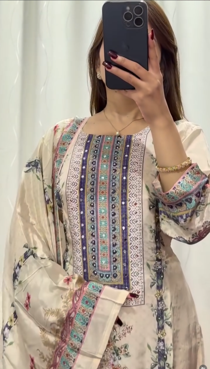 Ivory cotton kurti set with multicolour watercolour floral print, decorative border trim and matching printed dupatta — — view 4