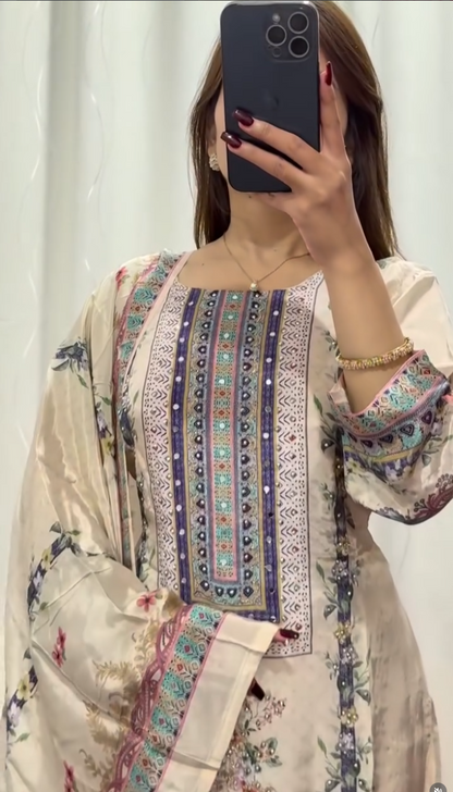 Ivory cotton kurti set with multicolour watercolour floral print, decorative border trim and matching printed dupatta — — view 4