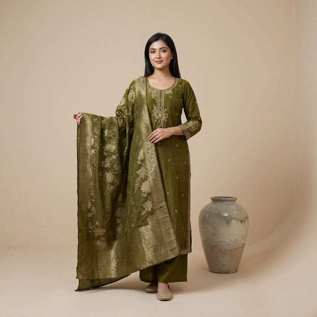 Olive green pure silk kurti set with gold zari embroidery and Banarasi woven dupatta — Behuli Australia