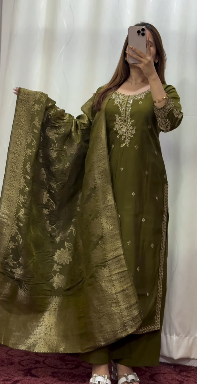 Olive green pure silk kurti set with gold zari embroidery and Banarasi woven dupatta — Behuli Australia — view 3