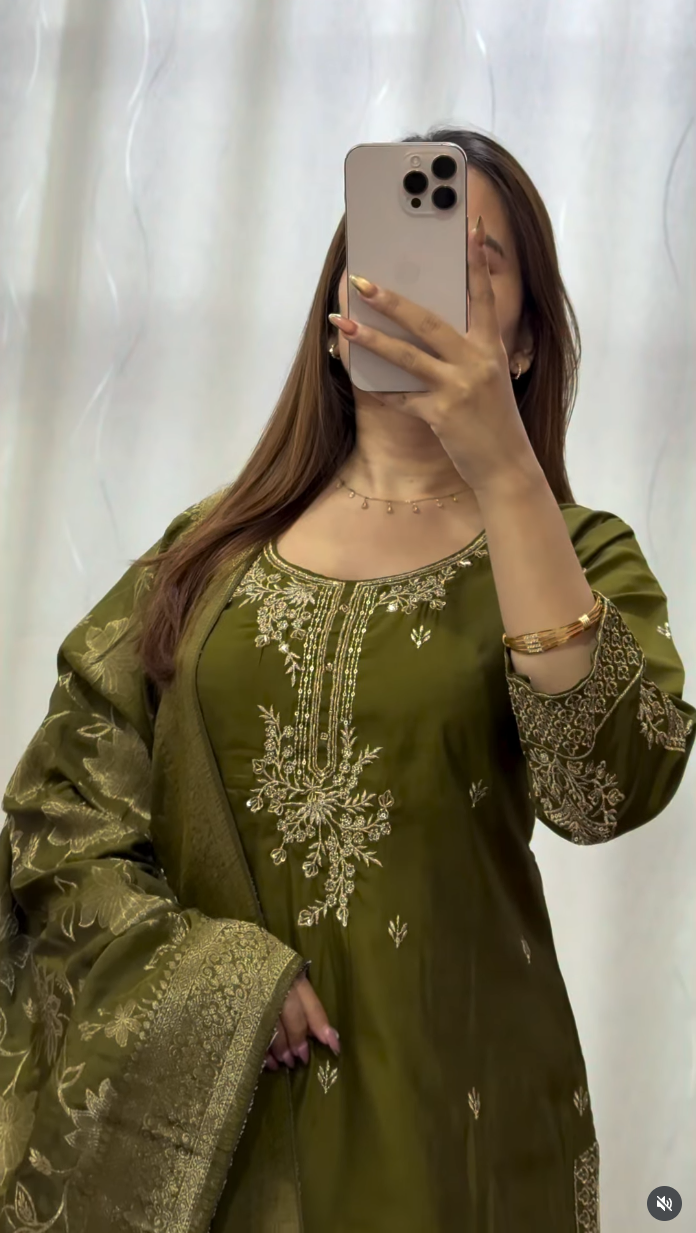Olive green pure silk kurti set with gold zari embroidery and Banarasi woven dupatta — Behuli Australia — view 2