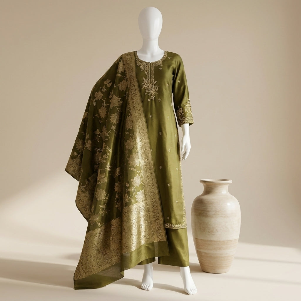 Olive green pure silk kurti set with gold zari embroidery and Banarasi woven dupatta — Behuli Australia — view 5