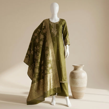 Olive green pure silk kurti set with gold zari embroidery and Banarasi woven dupatta — Behuli Australia — view 5