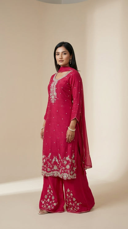 Fuchsia raw silk palazzo suit set with silver-gold zari floral embroidery, mirror-work butti and matching chiffon dupatta —