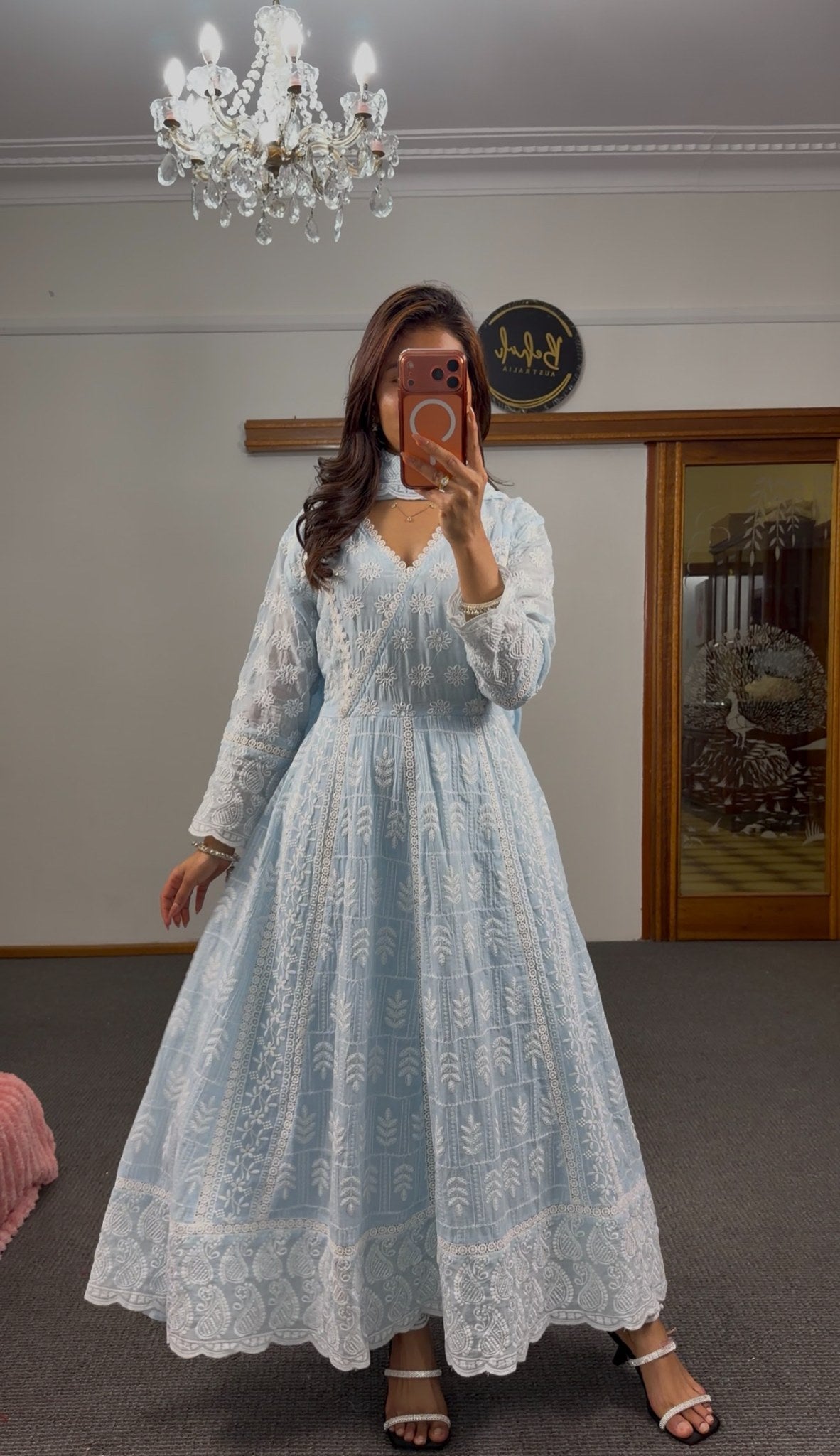 Sky blue georgette Anarkali gown with all-over white Chikankari floral embroidery and scalloped hem border — Behuli Australia