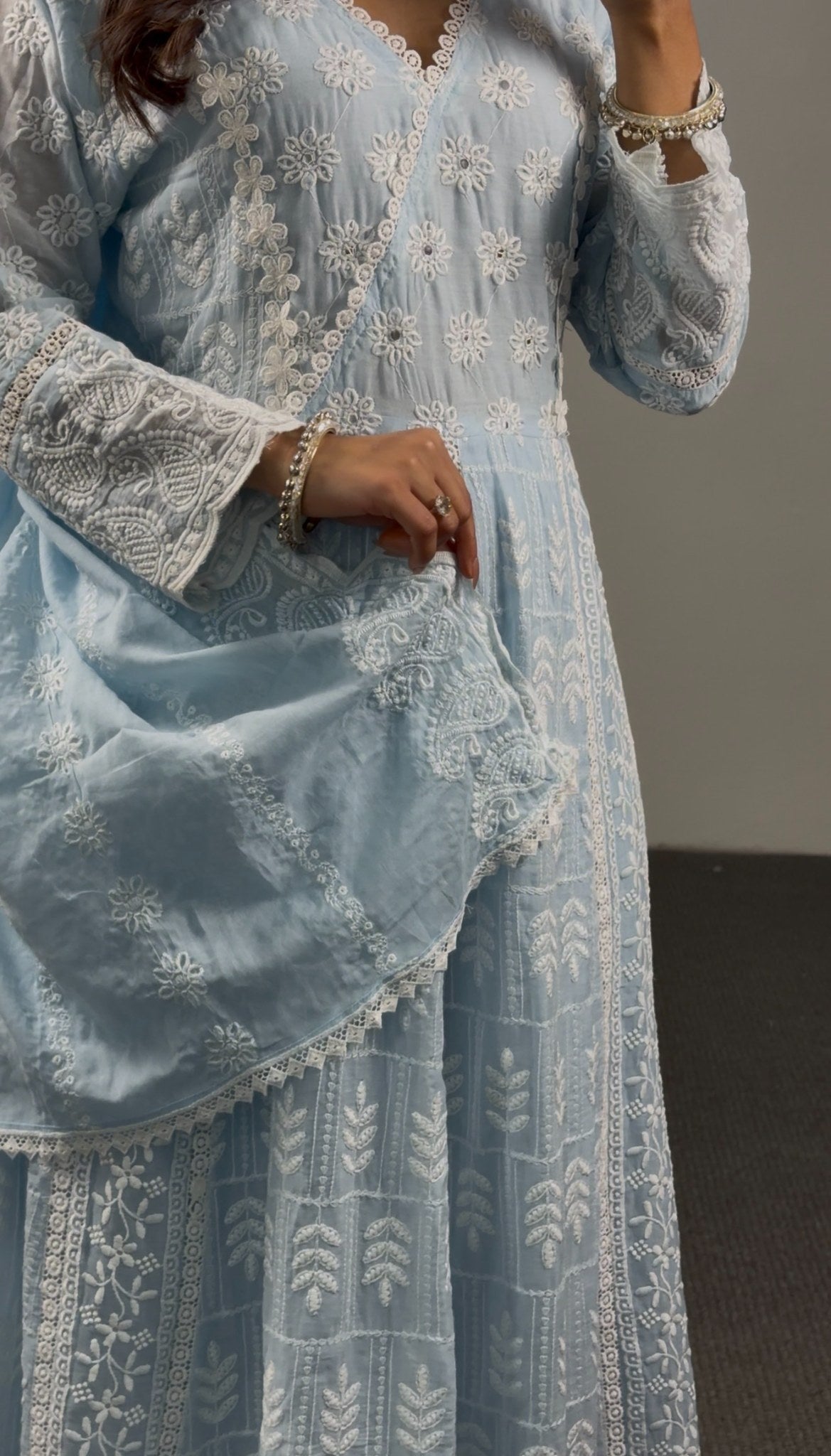 Sky blue georgette Anarkali gown with all-over white Chikankari floral embroidery and scalloped hem border — Behuli Australia — view 2