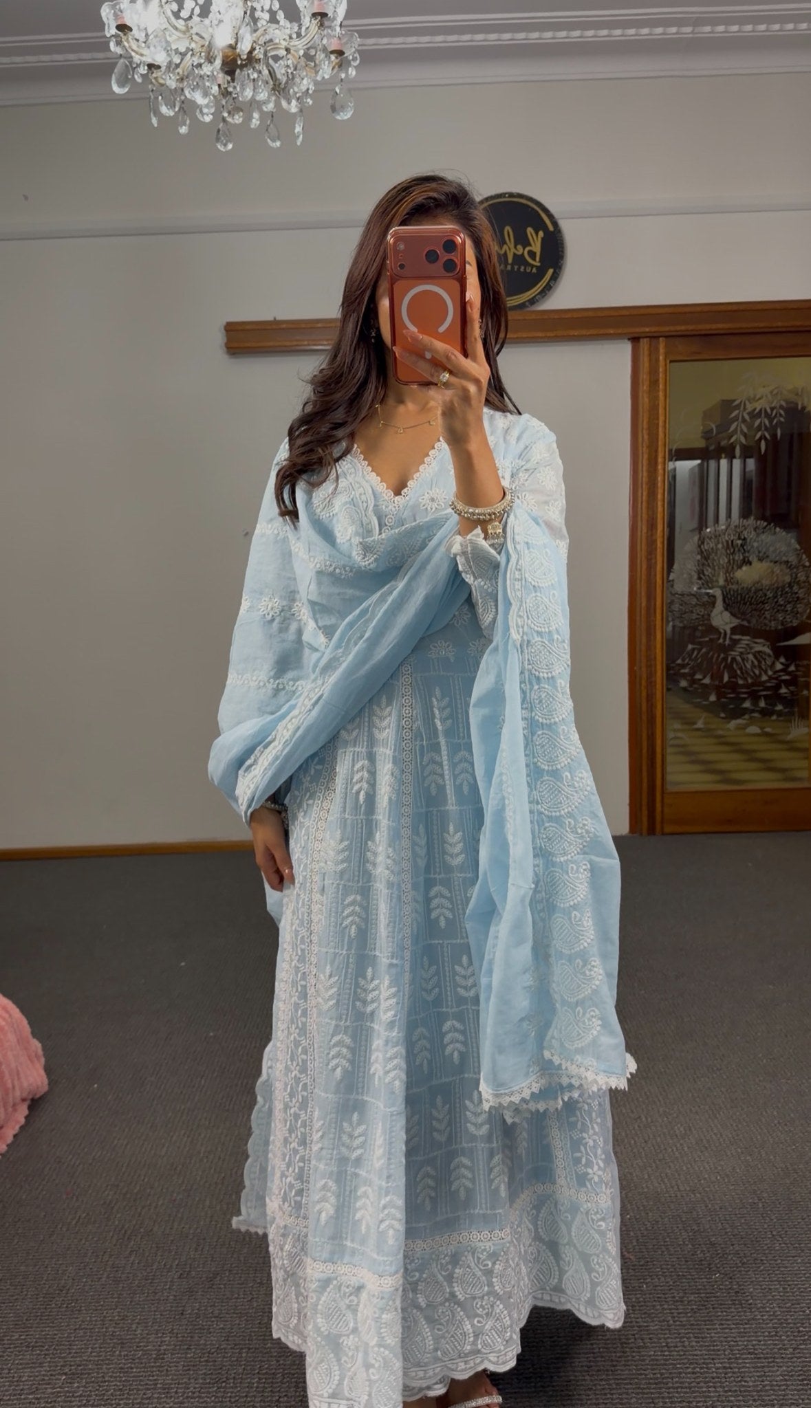 Sky blue georgette Anarkali gown with all-over white Chikankari floral embroidery and scalloped hem border — Behuli Australia — view 4