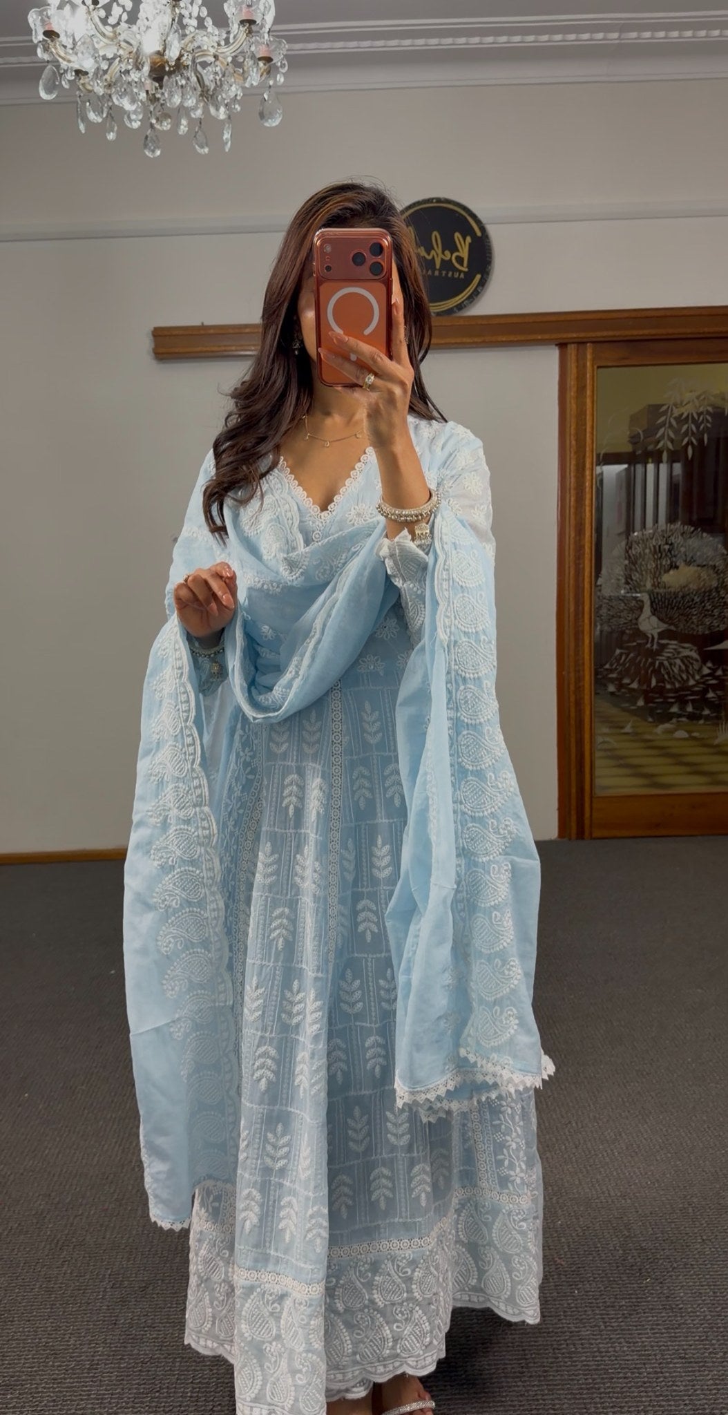 Sky blue georgette Anarkali gown with all-over white Chikankari floral embroidery and scalloped hem border — Behuli Australia — view 5