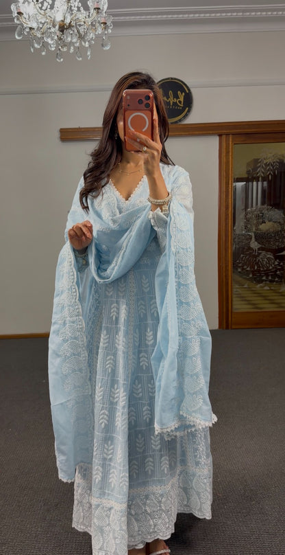 Sky blue georgette Anarkali gown with all-over white Chikankari floral embroidery and scalloped hem border — Behuli Australia — view 5
