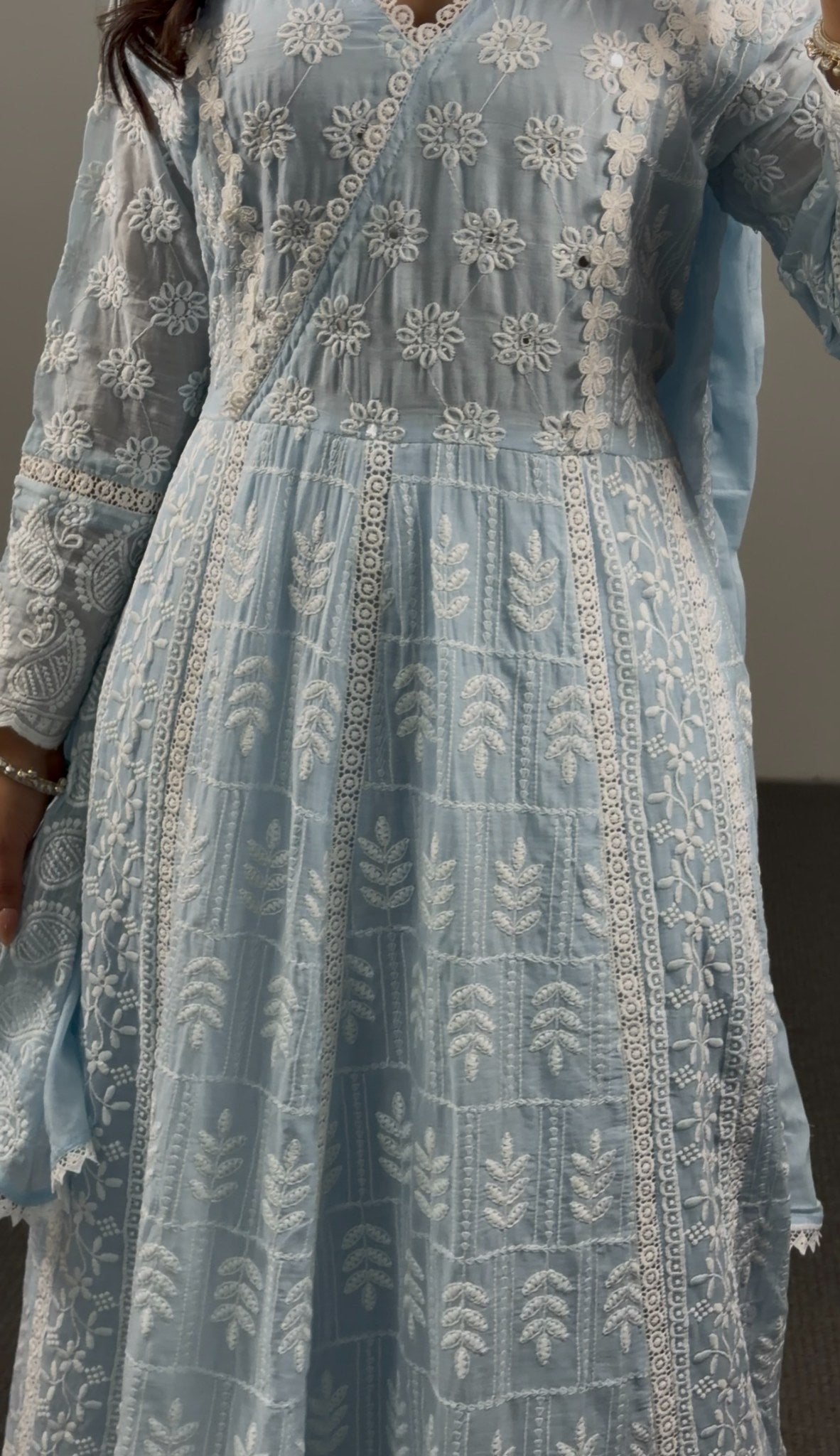 Sky blue georgette Anarkali gown with all-over white Chikankari floral embroidery and scalloped hem border — Behuli Australia — view 7