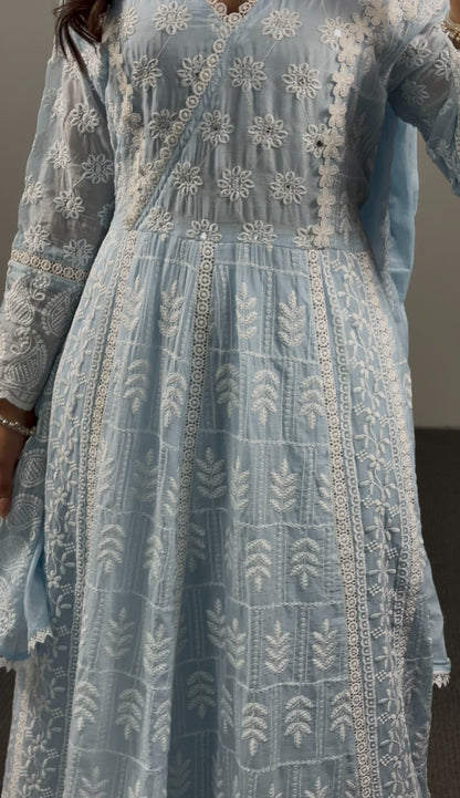 Sky blue georgette Anarkali gown with all-over white Chikankari floral embroidery and scalloped hem border — Behuli Australia — view 7