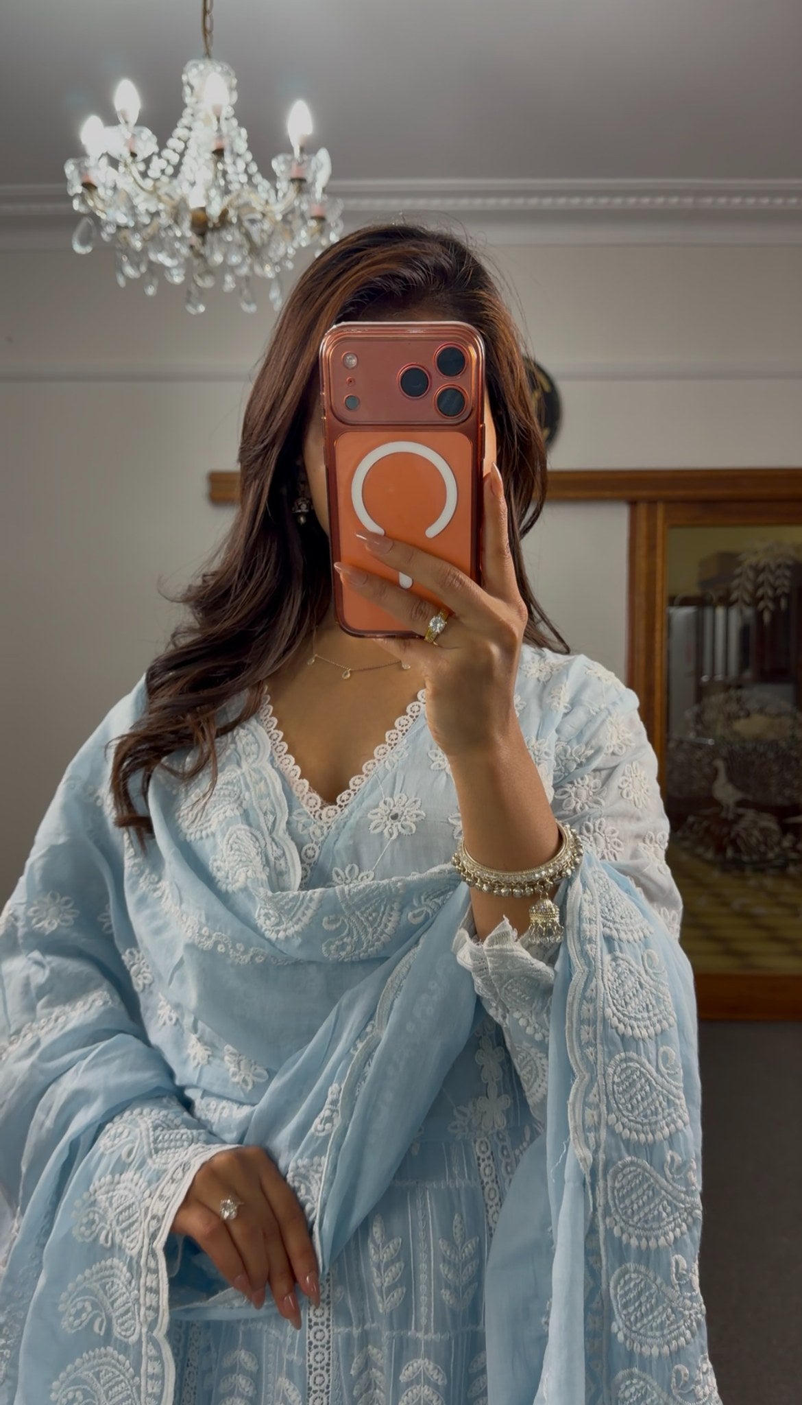 Sky blue georgette Anarkali gown with all-over white Chikankari floral embroidery and scalloped hem border — Behuli Australia — view 6