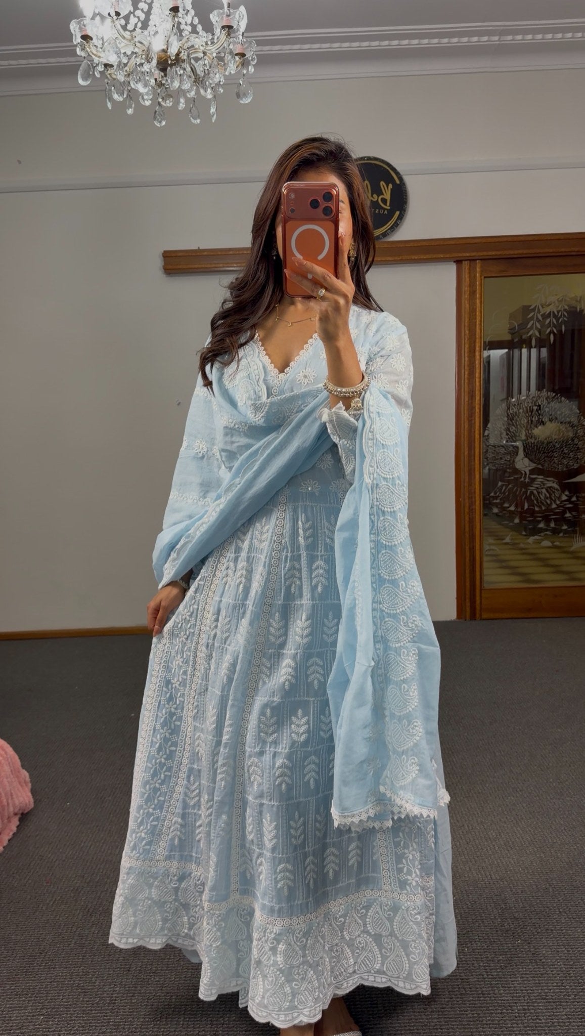 Sky blue georgette Anarkali gown with all-over white Chikankari floral embroidery and scalloped hem border — Behuli Australia — view 3