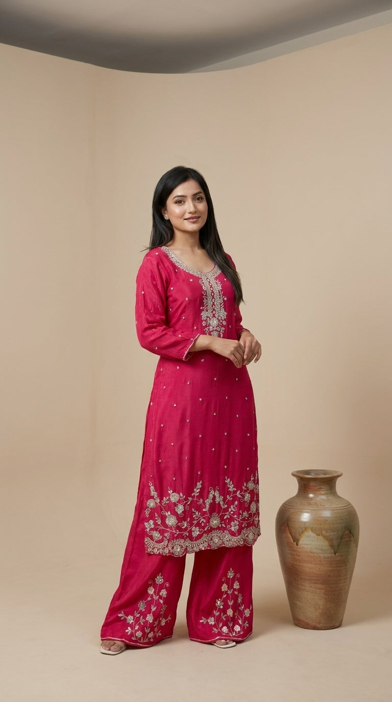 Fuchsia raw silk palazzo suit set with silver-gold zari floral embroidery, mirror-work butti and matching chiffon dupatta — — view 2