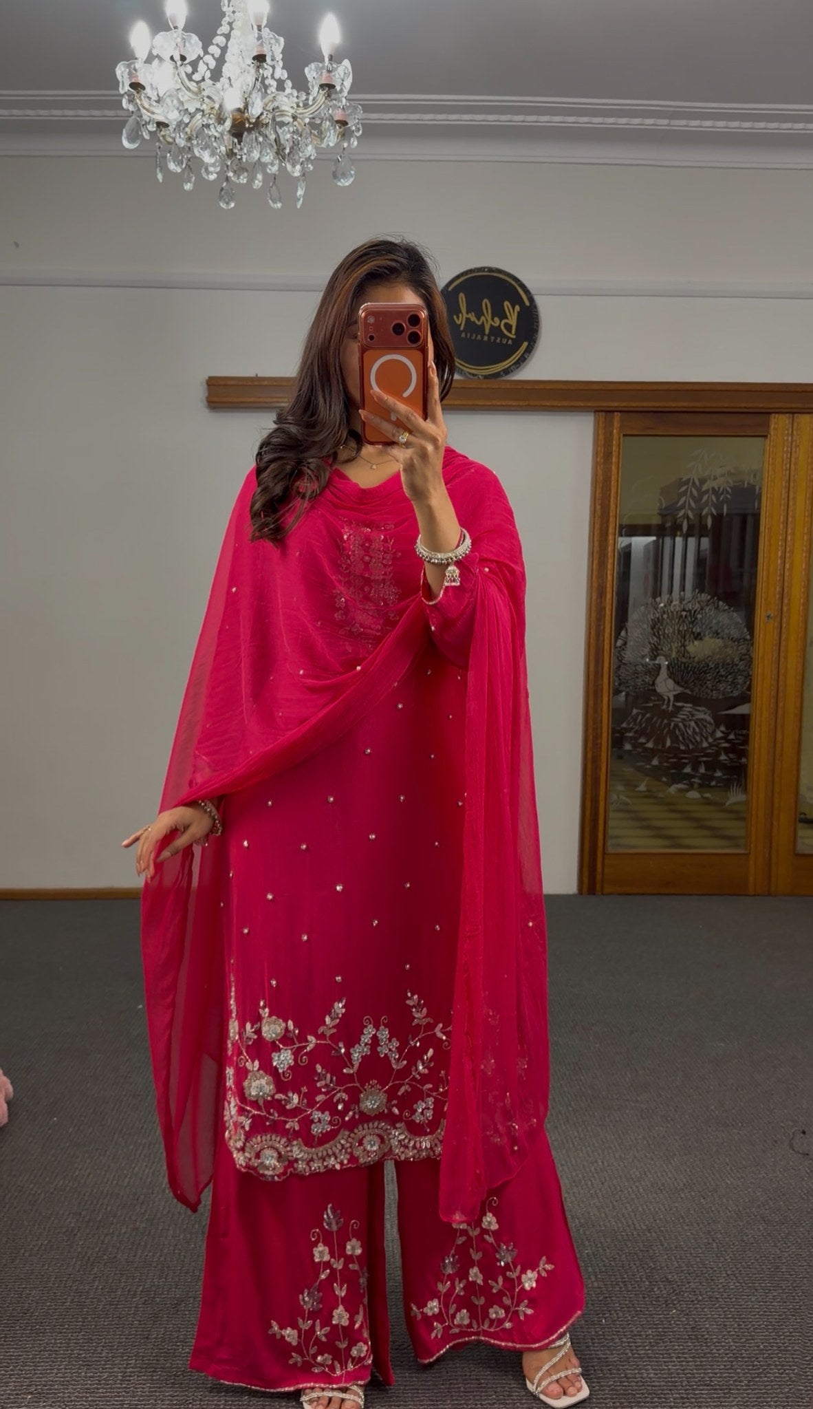Fuchsia raw silk palazzo suit set with silver-gold zari floral embroidery, mirror-work butti and matching chiffon dupatta — — view 3