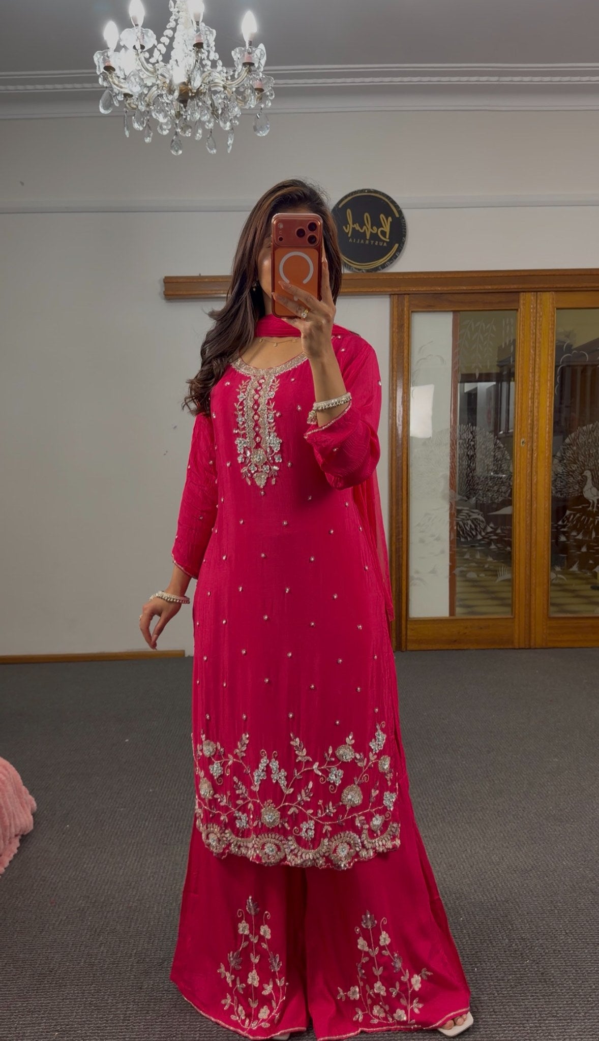 Fuchsia raw silk palazzo suit set with silver-gold zari floral embroidery, mirror-work butti and matching chiffon dupatta — — view 6