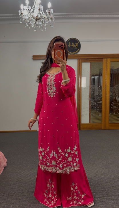Fuchsia raw silk palazzo suit set with silver-gold zari floral embroidery, mirror-work butti and matching chiffon dupatta — — view 6