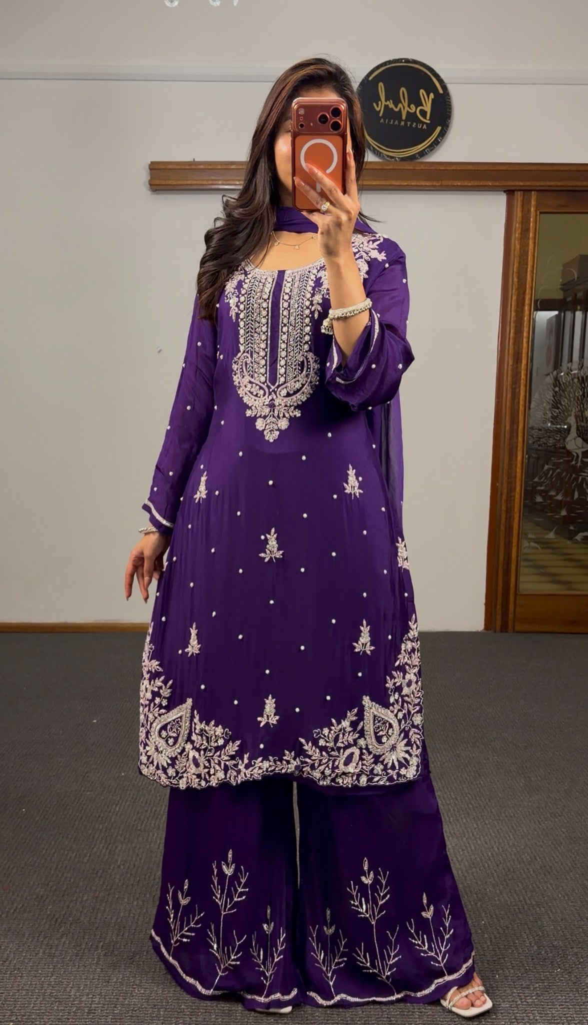 Royal purple georgette palazzo suit set with silver zari embroidery, paisley hem motifs and pearl detailing — Behuli