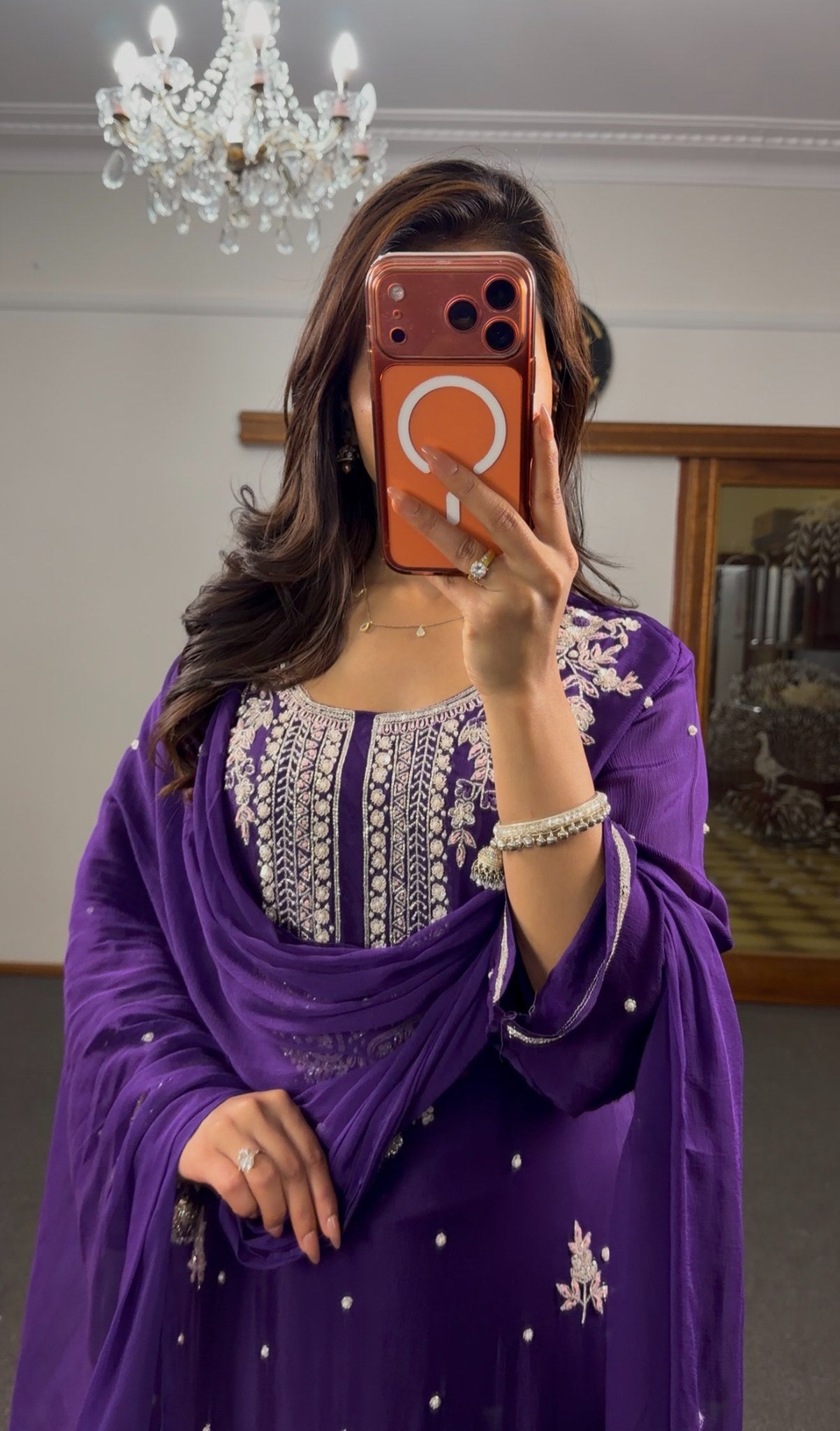 Royal purple georgette palazzo suit set with silver zari embroidery, paisley hem motifs and pearl detailing — Behuli — view 6