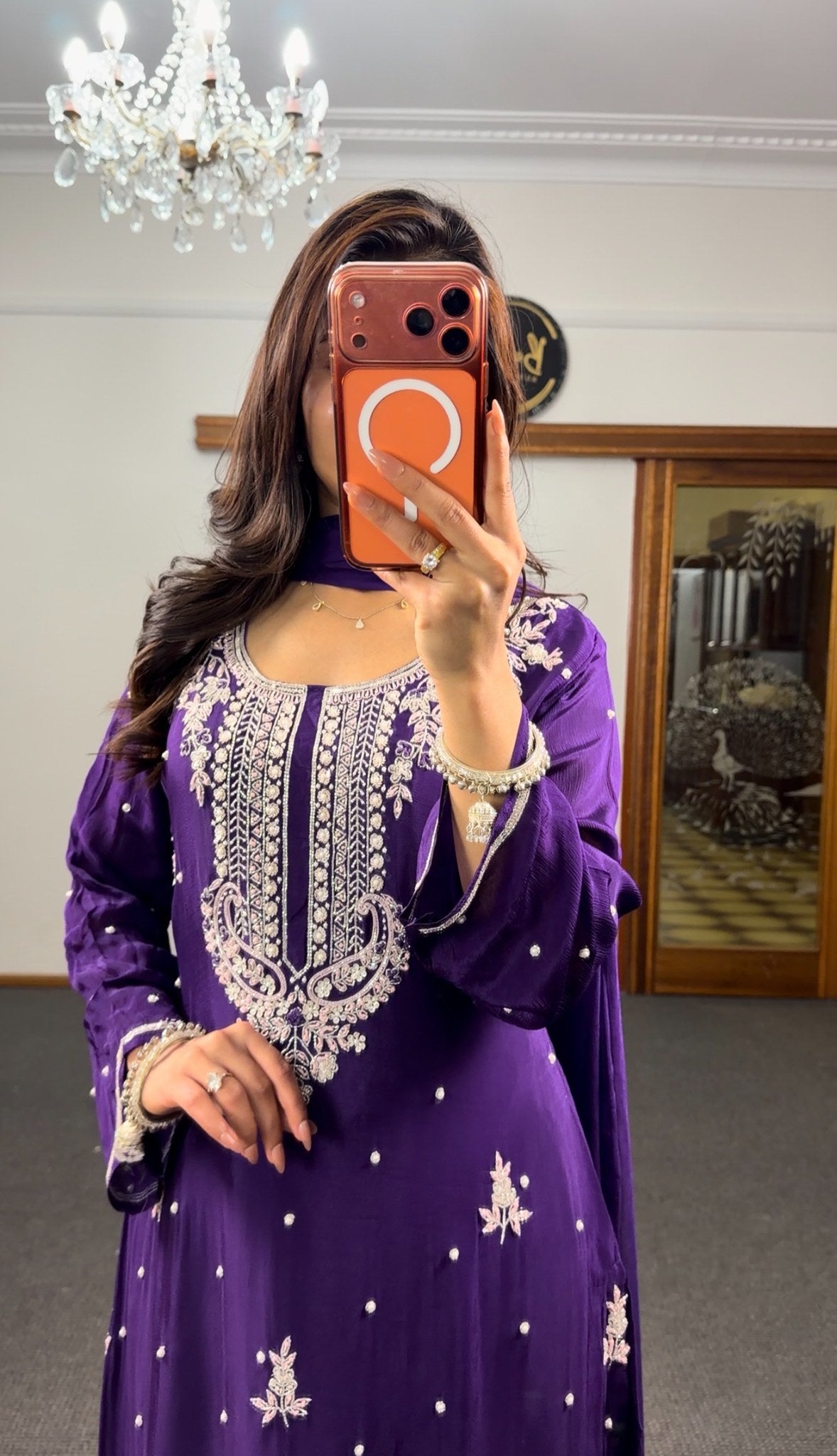 Royal purple georgette palazzo suit set with silver zari embroidery, paisley hem motifs and pearl detailing — Behuli — view 7