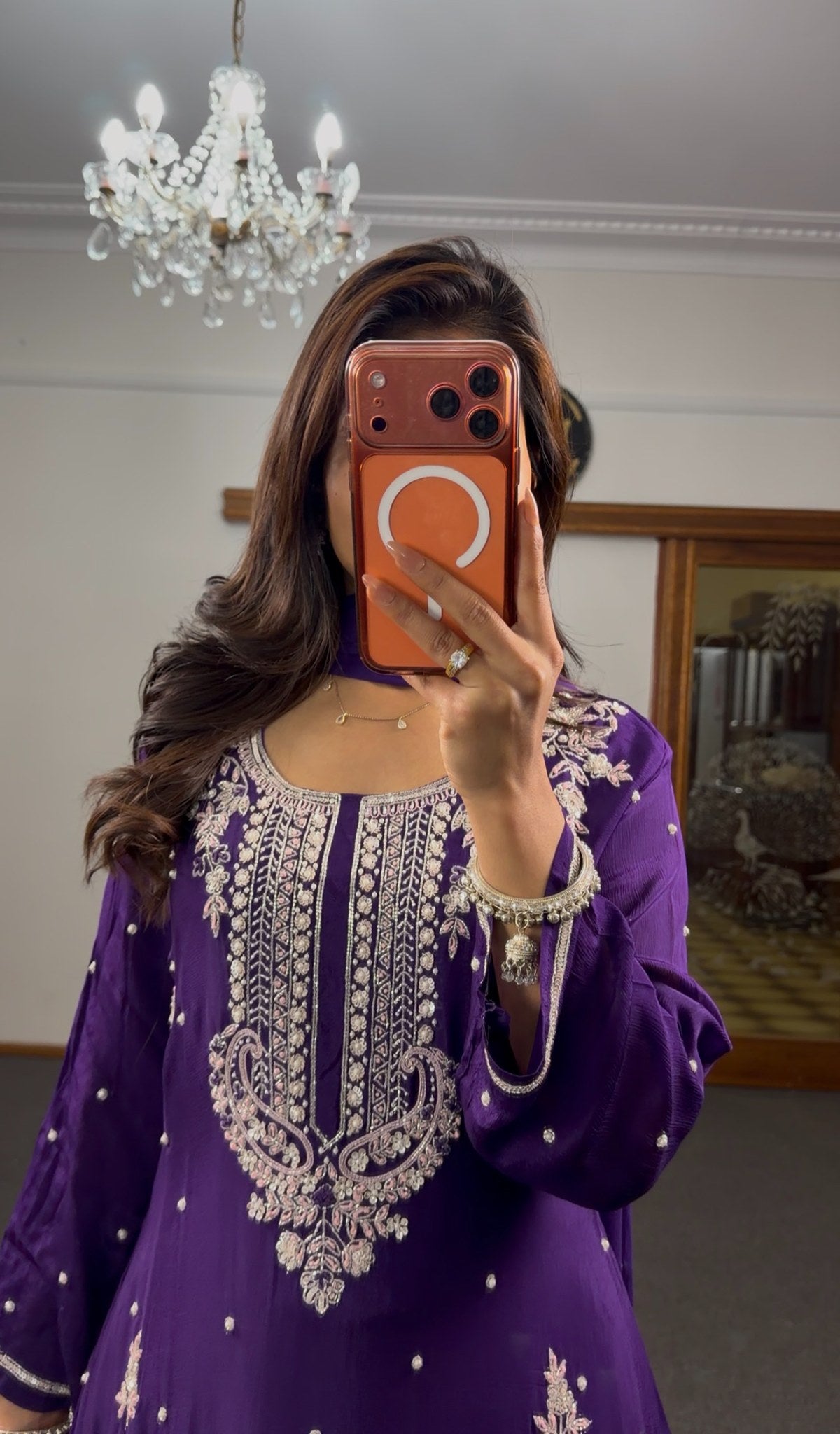Royal purple georgette palazzo suit set with silver zari embroidery, paisley hem motifs and pearl detailing — Behuli — view 10