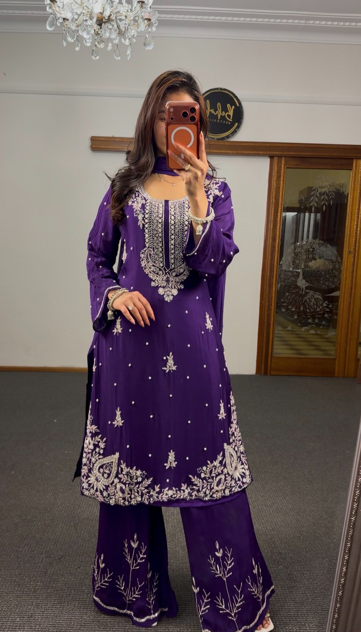 Royal purple georgette palazzo suit set with silver zari embroidery, paisley hem motifs and pearl detailing — Behuli — view 8