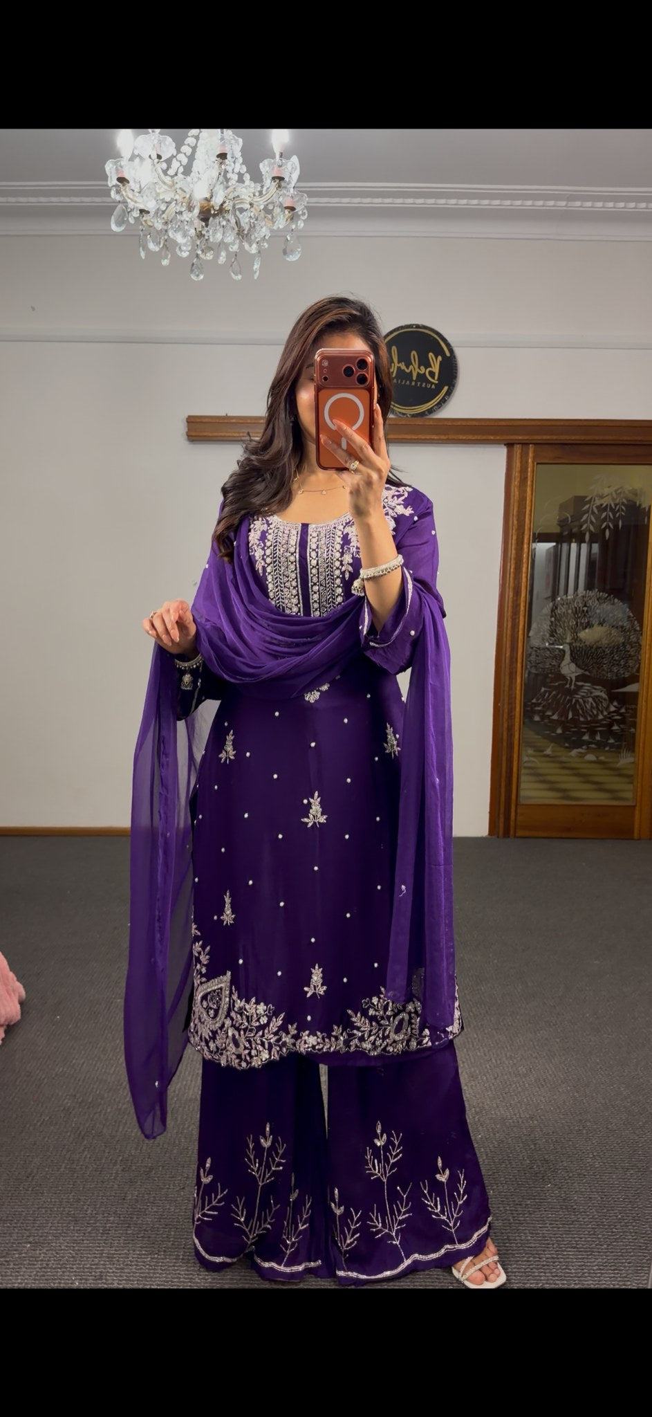Royal purple georgette palazzo suit set with silver zari embroidery, paisley hem motifs and pearl detailing — Behuli — view 4