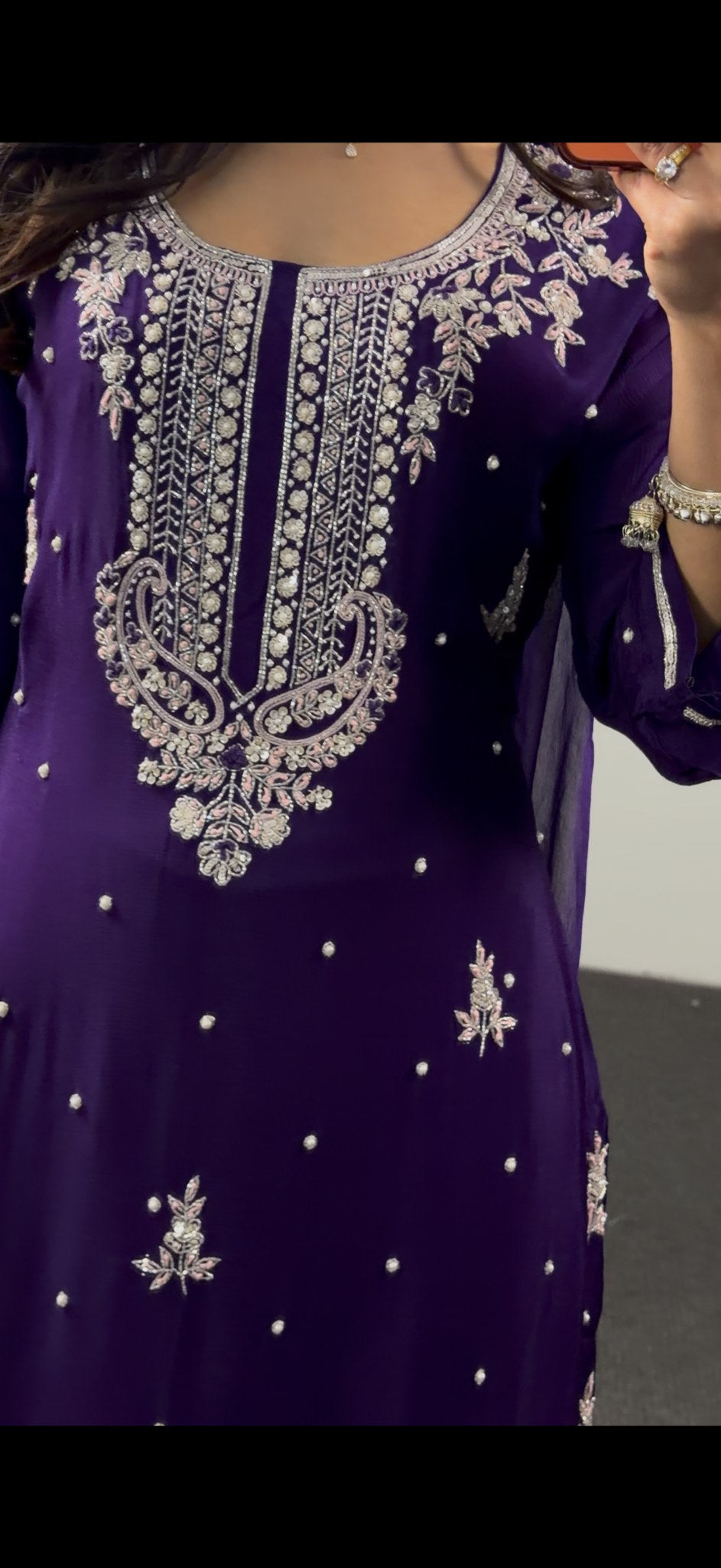 Royal purple georgette palazzo suit set with silver zari embroidery, paisley hem motifs and pearl detailing — Behuli — view 5