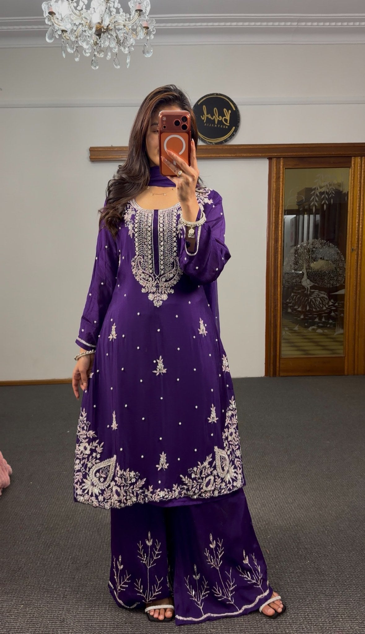 Royal purple georgette palazzo suit set with silver zari embroidery, paisley hem motifs and pearl detailing — Behuli — view 9