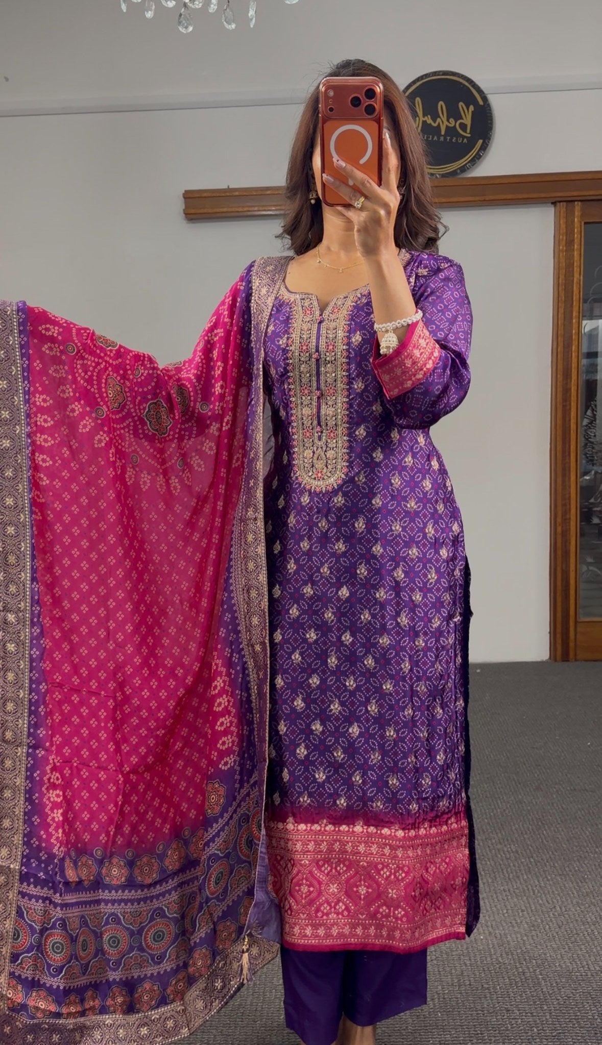 Royal purple Bandhani print kurti set with gold zari borders, embroidered neckline and magenta jacquard dupatta — Behuli — view 2