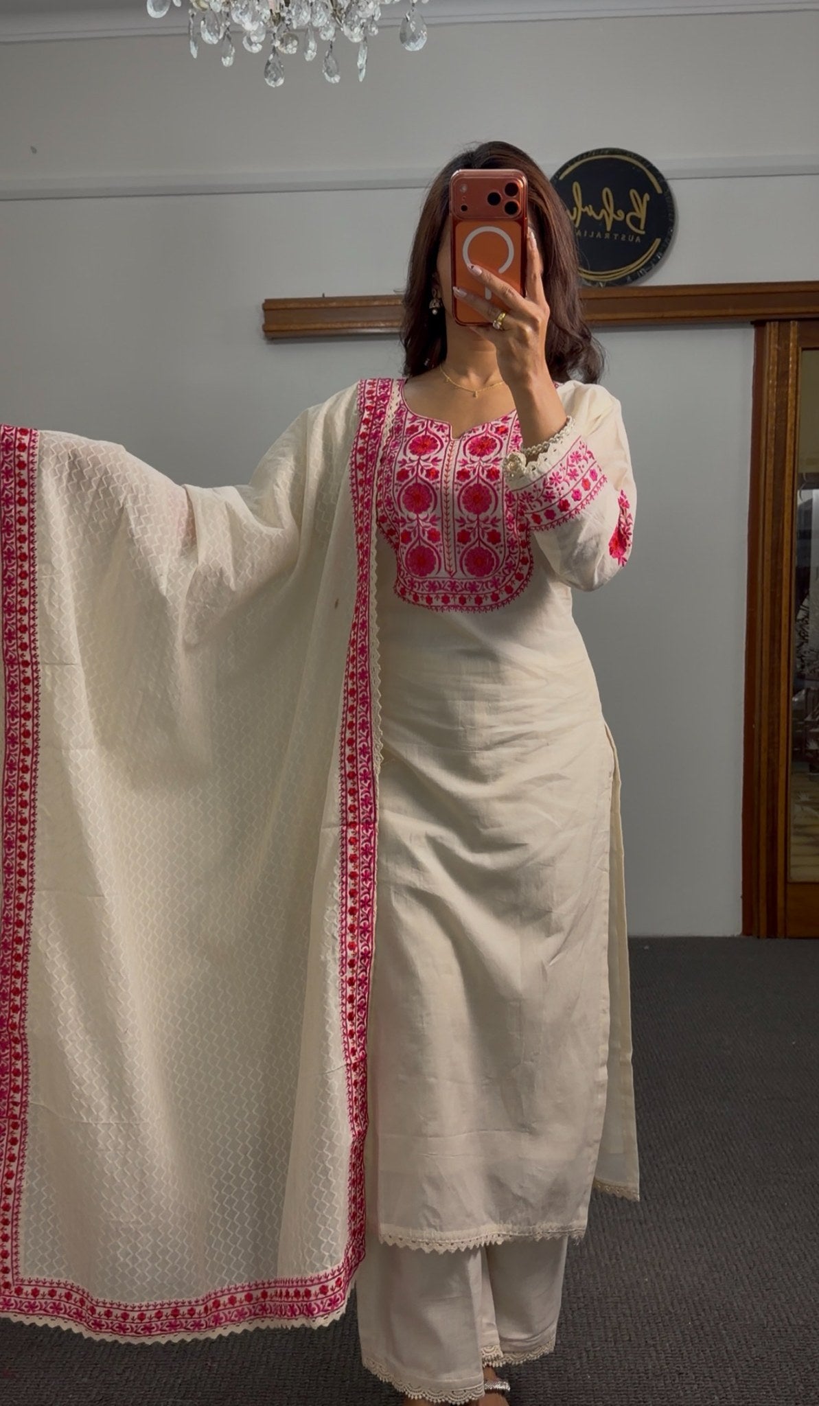 Ivory cotton palazzo kurti set with fuchsia resham embroidered yoke and matching textured dupatta with red border — Behuli
