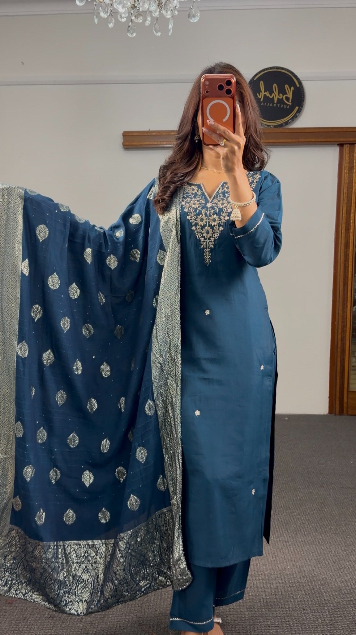 Teal raw silk kurti set with silver zari embroidery at neckline and woven Banarasi dupatta with gold buti motifs — Behuli — view 2