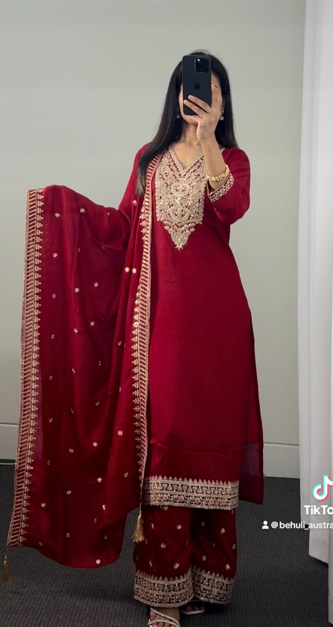 Crimson raw silk palazzo kurti set with gold zari embroidery on neckline, hem and dupatta border — Behuli Australia — view 2