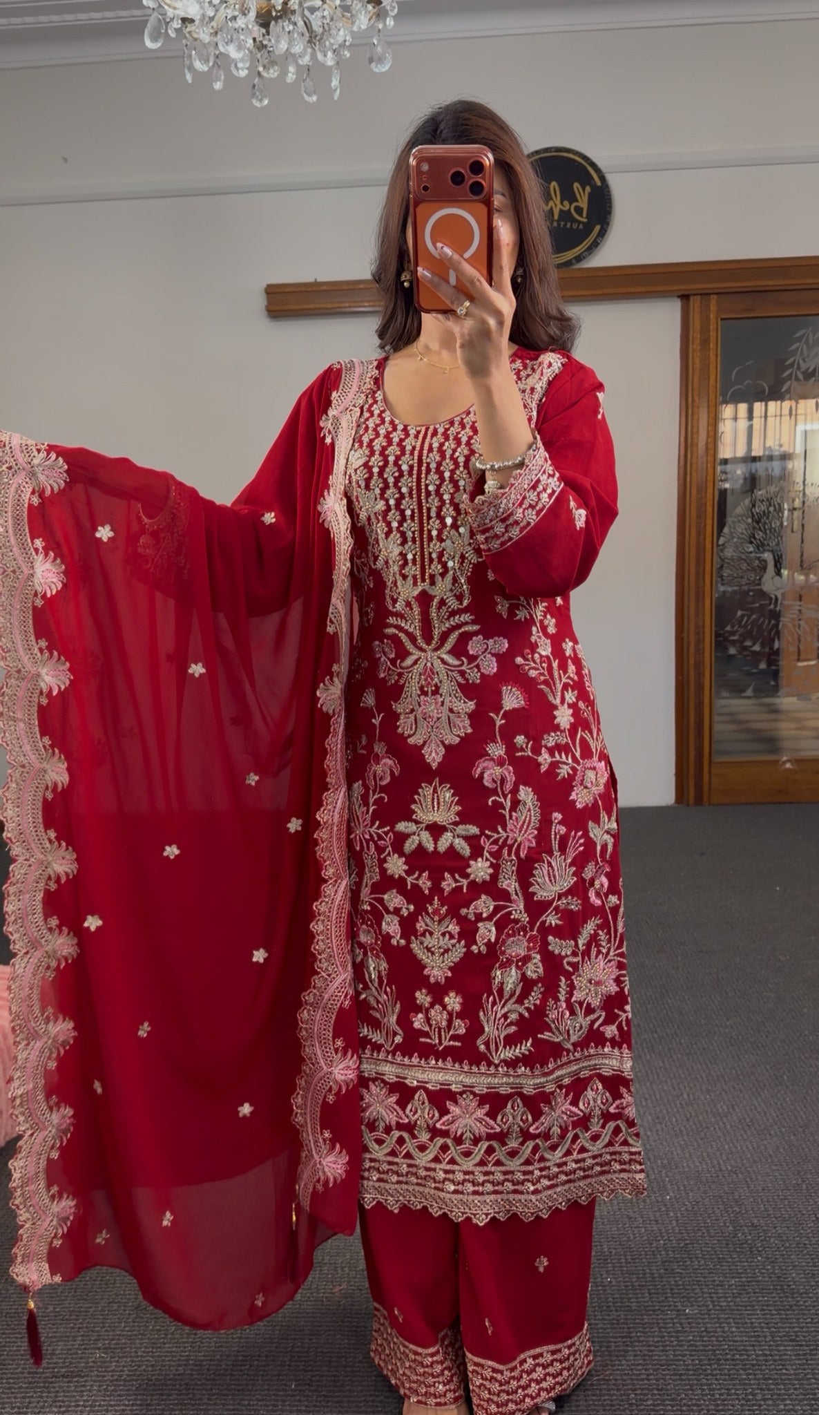 Fuchsia georgette three-piece kurti set with gold zari embroidery, matching palazzo pants and embroidered dupatta — Behuli — view 2