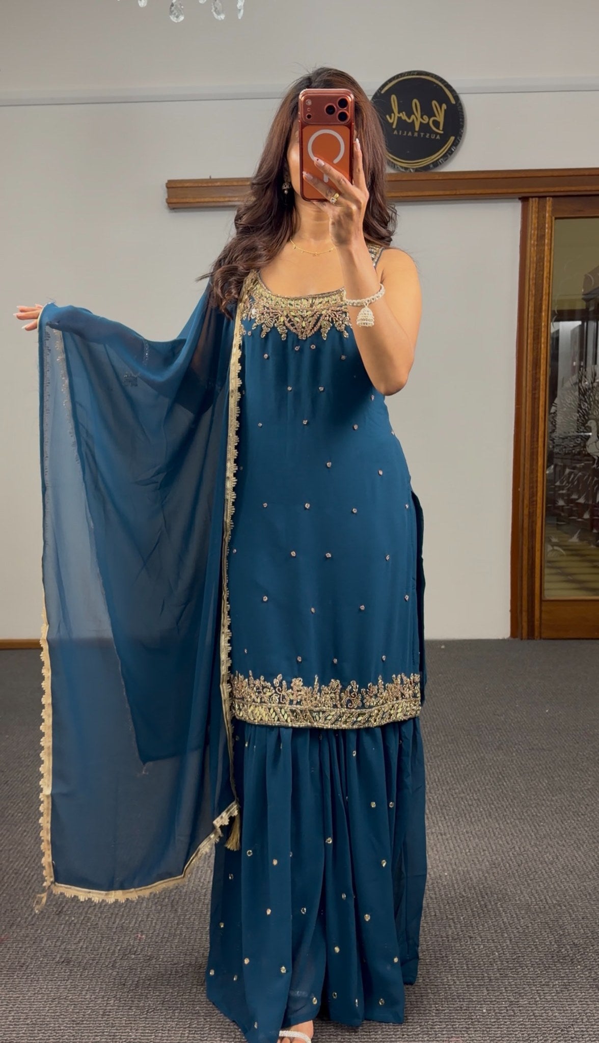 Teal georgette sleeveless sharara set with gold zari embroidery, mirror work and matching dupatta — Behuli Australia