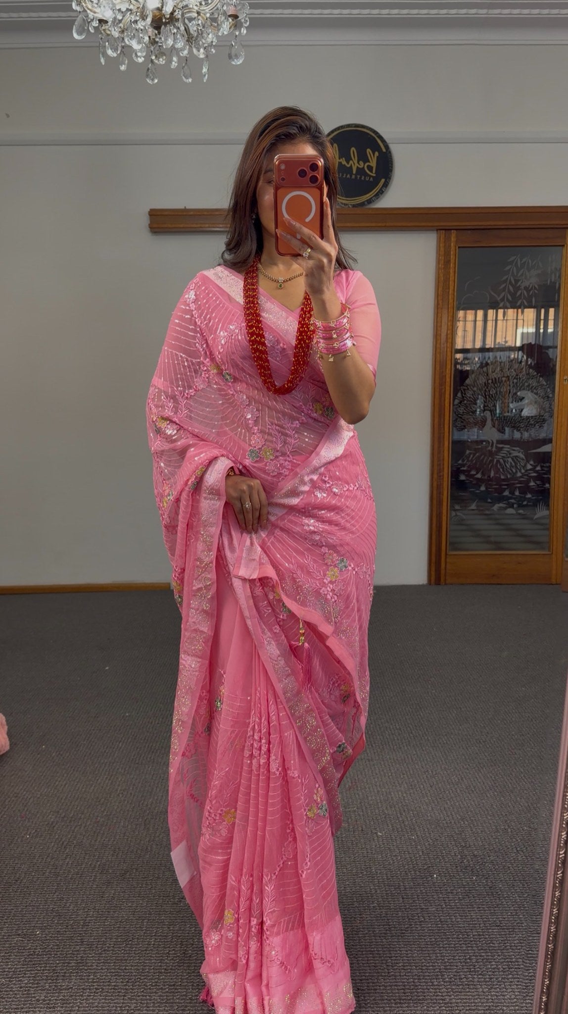 Blush pink organza saree with resham thread embroidery, sequin detailing and delicate floral motifs — Behuli Australia — view 6