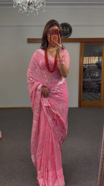Blush pink organza saree with resham thread embroidery, sequin detailing and delicate floral motifs — Behuli Australia — view 6