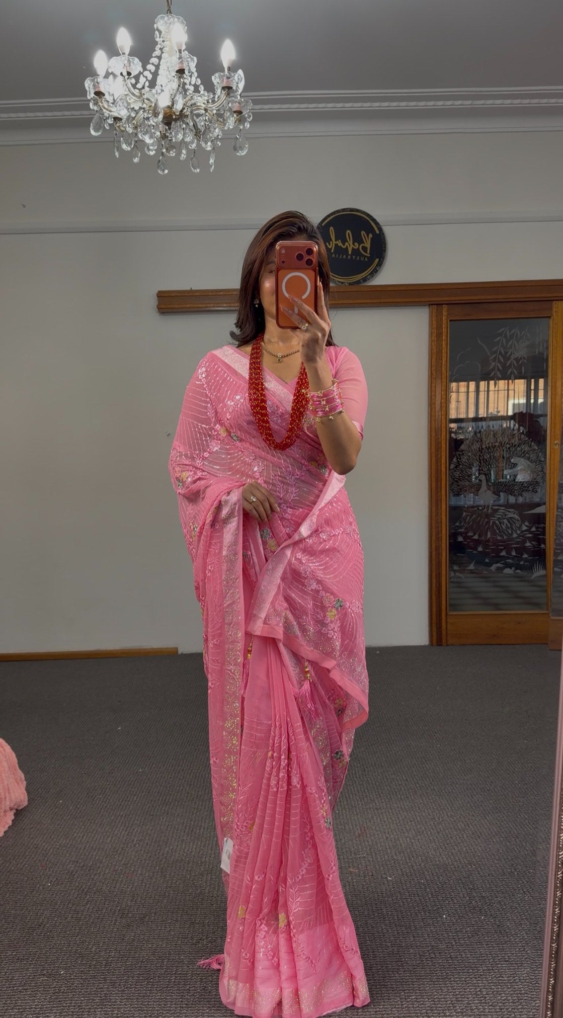 Blush pink organza saree with resham thread embroidery, sequin detailing and delicate floral motifs — Behuli Australia — view 7